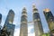 Twilight view of the Petronas Twin Towers and Suria mall in the Malaysian capital, Kuala Lumpur