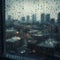 twilight window glass light view city urban rain background water street. Generative AI.