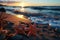 Twilights charm, pair of starfish rest upon beach, silhouette against setting sun