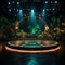 Twilights Vibrant Stage: Colorful Spotlights on Glossy Black Floor, Surrounded by Lush Greenery and Abstract Geometric Decors