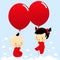 Twin babies holding balloons in the sky. Vector Illustration