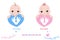 Twin baby girl and boy. Baby feet and hand print. Baby arrival card pink, blue colored hearts