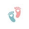 Twin baby girl and boy feet prints arrival greeting card with hearts. Vector illustration on white background. Feet silhouette for
