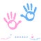 Twin baby girl and boy hand prints arrival greeting card vector