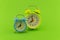 Twin bell analog alarm clock over green background