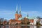 Twin bell-towers of the medieval Gothic church in Lubeck