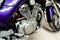 The twin engine of a sports motorcycle close-up