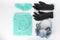 Twin filter half face respirator mask, plastic protective eyglasses, protective gown, cap, pair of gloves,  personal protective