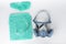 Twin filter half face respirator mask, plastic protective eyglasses, protective gown, cap,  personal protective equipment to