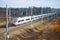 Twin high-speed train EVS1 `Sapsan` on the railway line in April day