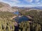 Twin Lakes connected lakes at the base of the southeastern slope of Mammoth Mountain. Drone view from the air