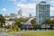 Twin railway lines, part of the Sydney rail network, passing under park, central Sydney, Australia