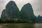 Twin rounded karst mountain peaks along Li River in Guilin, China