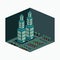 Twin tower at the night - isometric tower building isolated on whitetwin tower at the night - isometric tower building