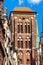 Twin towers of St. Maryâ€™s Basilica - Bazylika Mariacka - seen from Kaletnicza street in the historic old town city center