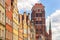 Twin towers of St. Maryâ€™s Basilica - Bazylika Mariacka - seen from Piwna street in the historic old town city center quarter of