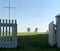 Twin white wood Adirondack chairs on sunny green lawn