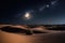 twinkling stars and the moon above the dunes in a desert night sky
