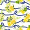 Twisted blue marine rope and yellow spring bouquets of flowers