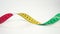 Twisted bright multi-colored centimeter measuring tape on a white background.
