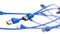 Twisting blue internet cables. conceptual 3d illustration of ethernet cable and rj-45 plug.