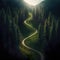 A twisty road going through a green forest. Created with Generative AI