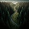 A twisty road going through a green forest. Created with Generative AI