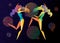 Two abstract bright color dancing girls on a dark background