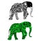 Two abstract elephants, monochrome and colored.