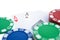 Two Ace of pokers beside casino chips with clipping path