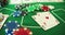 Two Aces Thrown on Green Casino Table - Chips/Checks/Casino Token- Poker. Top view. Slow Motion