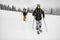 Two active male skiers with backpacks walking on ski. Ski touring.