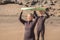 Two active seniors holding a surfboard and wearing wetsuits to go surf - mature people or pensioners trying to learn surfing