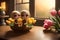 Two adorable anime doll fugures in vase with tulips, AI generated