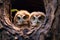 Two adorable baby owls peering from tree nest, with available space