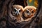 Two adorable baby owls peering from tree nest, with available space