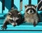 Two adorable baby raccoons sitting on a blue Adirondack chair.