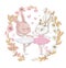 Two Adorable ballerina bunnies illustration surrounded by floral wreath. White dancing rabbits illustration. Can be used