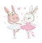 Two Adorable ballerina bunnyes illustration. White dancing rabbits illuatration. Can be used for t-shirt print, kids