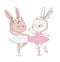 Two Adorable ballerina bunnyes illustration. White dancing rabbits illuatration. Can be used for t-shirt print, kids