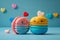 Two adorable cartoon 3D macarons with contrasting colors placed on a blue background, Ai Generative