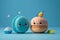 Two adorable cartoon 3D macarons with contrasting colors placed on a blue background, Ai Generative