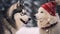 Two adorable cheerful Siberain husky dogs playing snow at park, close up shot, dog in winter background. Generative AI