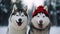 Two adorable cheerful Siberain husky dogs playing snow at park, close up shot, dog in winter background. Generative AI