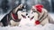 Two adorable cheerful Siberain husky dogs playing snow at park, close up shot, dog in winter background. Generative AI