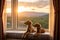 Two adorable dogs relaxing near window with beautiful view, pet friendly hotel and resort business concept. Generative AI