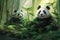 Two adorable panda bears peacefully sitting in the grass, taking pleasure in their natural surroundings, A pandas lounging and