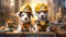 Two Adorable Puppies in Hard Hats - Photorealistic Illustrations of Playful Pups Ready for Action