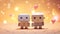 Two adorable robot characters facing each other in 3d style on beige studio background