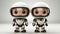 Two adorable robot characters standing in front of each other in beige studio background, 3d style